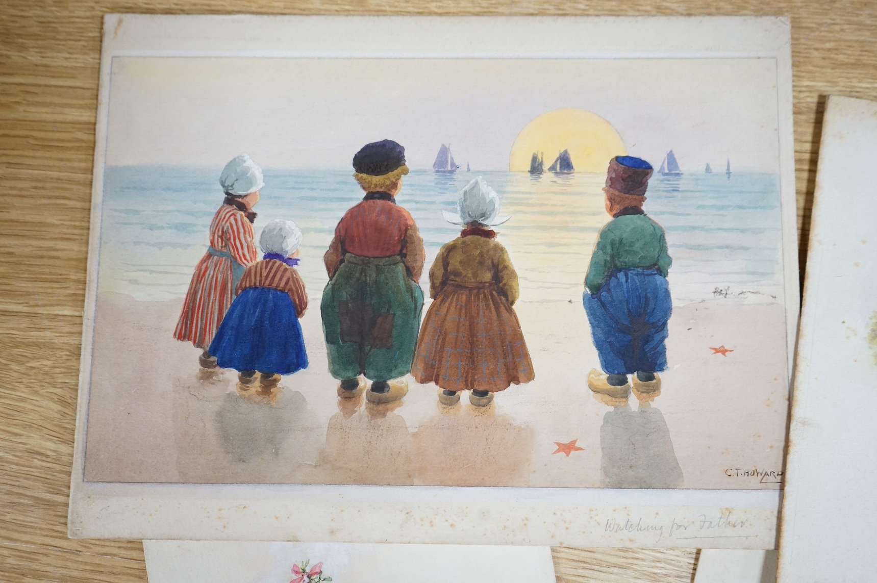 Charles Thomas Howard (1865-1942), a set of four original watercolours for postcard designs, Dutch children to include; ‘Waiting for Father’, ‘The Dog Cart’ and ‘The Sled’, three signed, unframed, largest 19 x 24cm. Cond